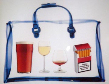 See-through bag containing a pint of ale, glass of wine, a snifter of brandy and a pack of cigarettes