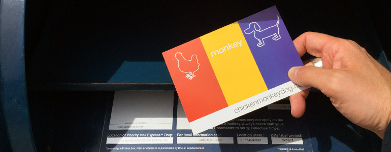 chicken monkey dog postcards