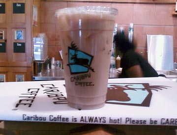A plastic cup of Caribou Coffee on ice