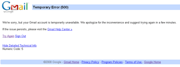 screen shot showing Temporary Error (500)