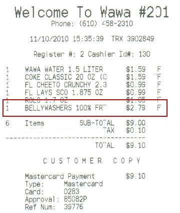 Receipt with bellywashers listed
