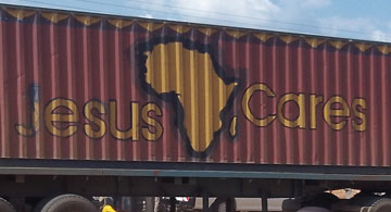 Jesus cares sign on a lorry