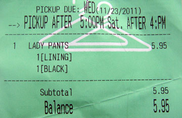 dry cleaning receipt for lady pants