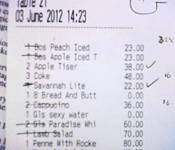 Restaurant bill with item of sexy water