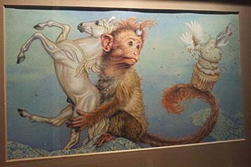 A painting of a monkey with cupcake on its tail holding a horse