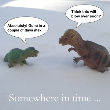 Two dinosaurs talking in a snow bank