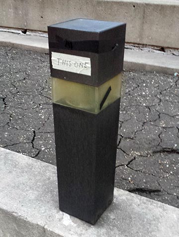 A lamp post with "THIS ONE" on it