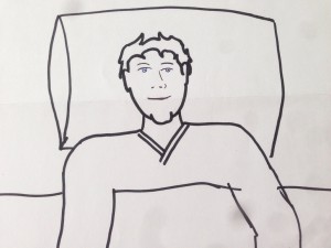 A sketch of a man lying awake on his pillow