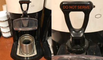A coffee maker tap reading "Do Not Serve"